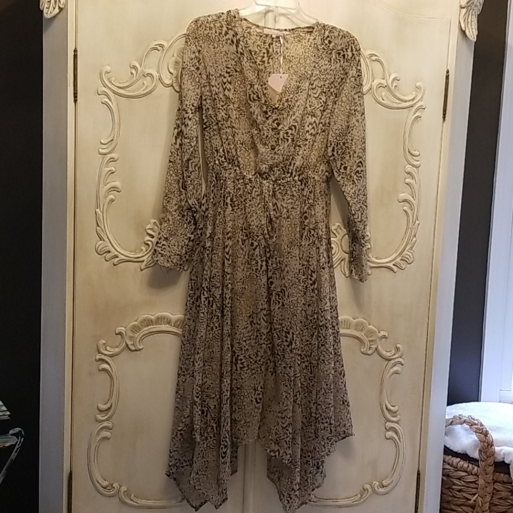 Women's Beige Patterned Long Sleeve Midi Dress